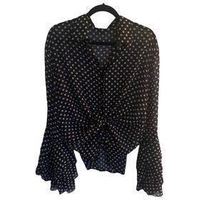 Sheer Polka Dot Bell Sleeve Button Down Top